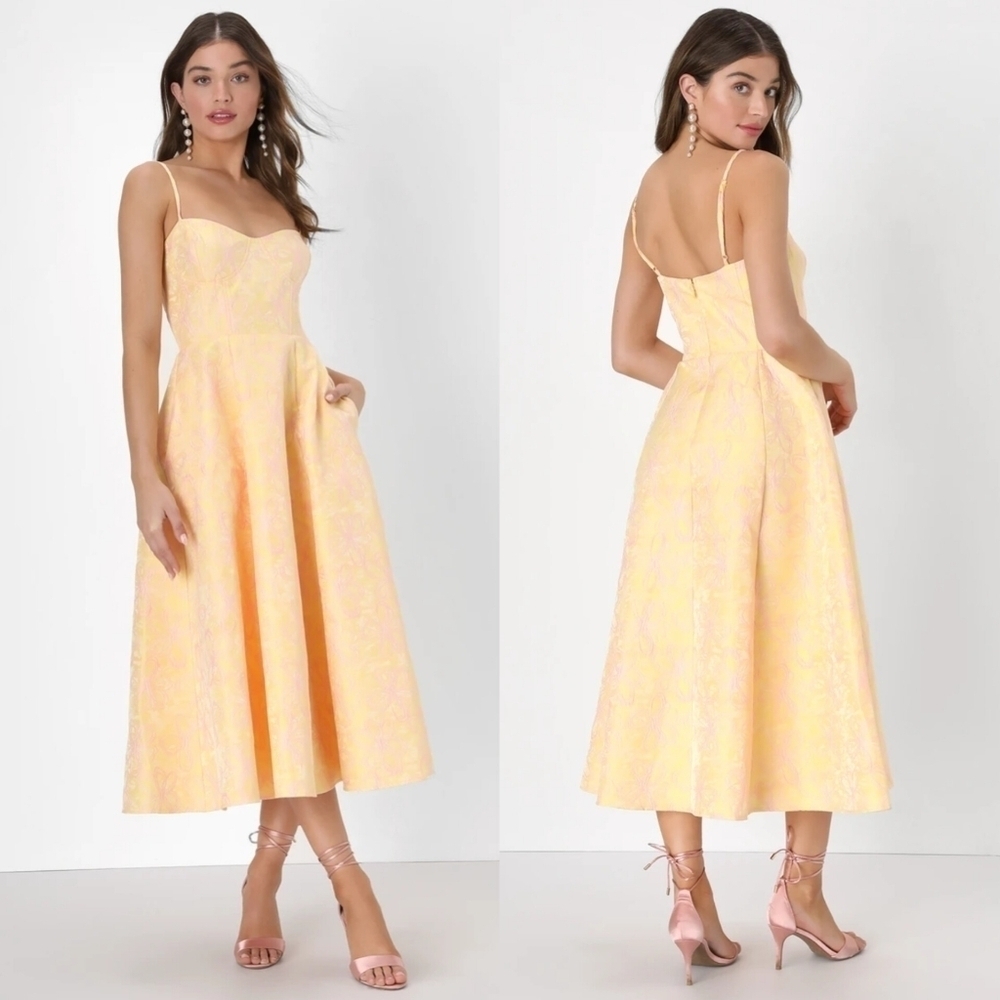 Lulus Meet for Tea Yellow Jacquard Bustier Midi Dress With Pockets XL Wedding